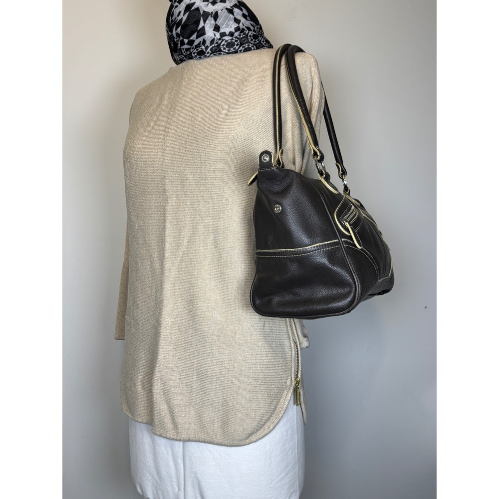 Danier Dark Brown Genuine Leather Shoulder Bag Tote Cream Contrast Trim